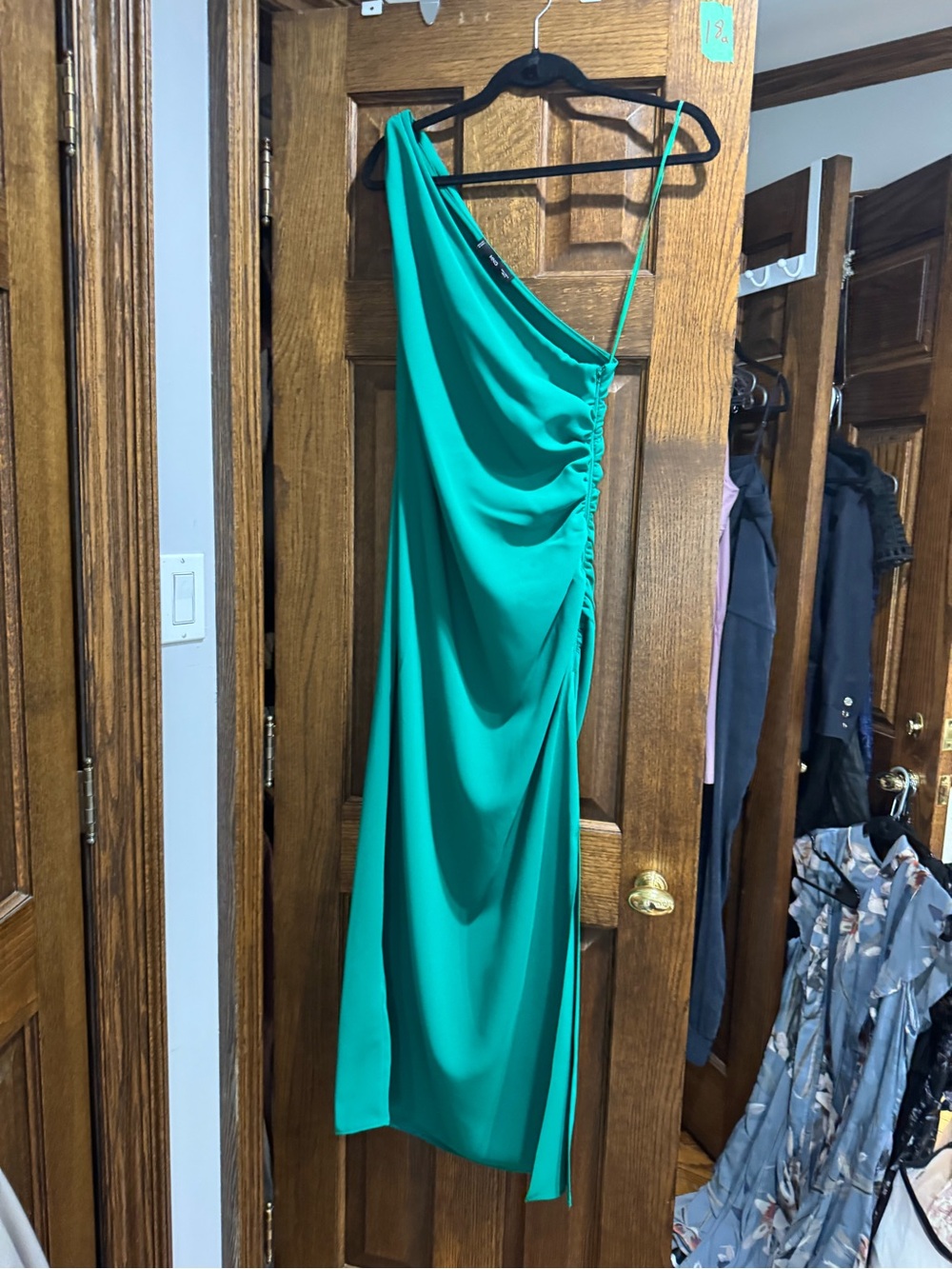 Mango One-Shoulder Teal Green Draped Dress